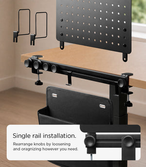 Single-rail LD406 installation with repositionable pegboard and accessories