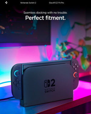 Nintendo Switch 2 with a fitted clear glass screen protector and docking-compatible outline