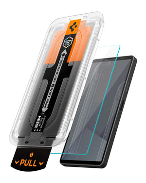 Angled view of Xperia 10 clear glass and the EZ Fit Pro alignment tray