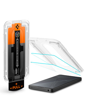 Xperia 10 clear glass protector aligned above the phone in the EZ Fit Pro tray