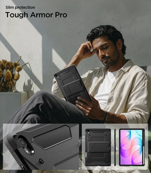 Galaxy Tab S12+ Tough Armor Pro showing Tough Armor Pro tablet case in use with close-up views of its rugged back design and slim profile.
