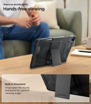 Galaxy Tab S12+ Tough Armor Pro showing the tablet supported by the built-in kickstand for hands-free viewing with a close-up of the stand.