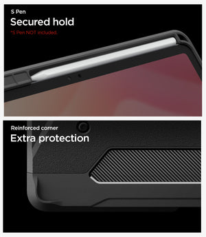 Galaxy Tab S12+ Tough Armor Pro showing the integrated S Pen holder and reinforced corner design for added protection.