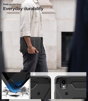 Galaxy Tab S12+ Tough Armor Pro showing a person carrying the protected tablet with close-up views of reinforced corners and raised camera protection.