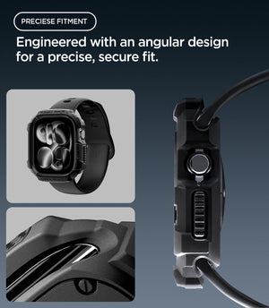 Apple Watch Series 12 (46mm) Case Rugged Armor in Matte Black showing the angular protective frame with precise fit around the crown and side controls