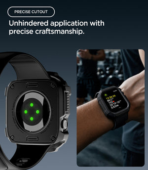 Apple Watch Series 12(42mm) Case Rugged Armor in Matte Black showing the rear sensor opening and precise cutouts with the rugged case worn during a workout