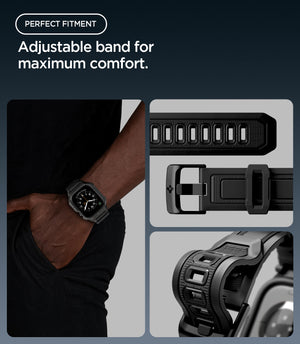 Apple Watch Series 12(42mm) Case Rugged Armor Pro in Matte Black showing the adjustable band, buckle, and multiple sizing holes for a comfortable fit
