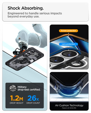 Spigen Galaxy S26 Case Ultra Hybrid Zero One (Mag Fit) Black showing shock absorbing. engineered to handle serious impacts beyond everyday use