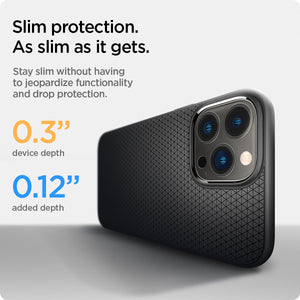 Spigen Liquid Air case for iPhone 13 Pro in Matte Black – slim profile and added-depth guide