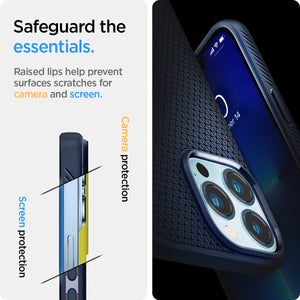 Spigen Liquid Air case for iPhone 13 Pro in Navy Blue – raised screen and camera edge protection