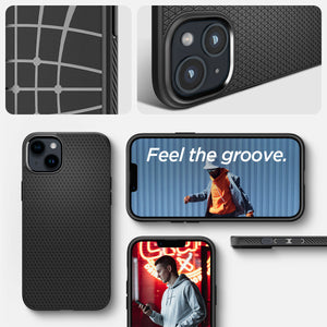Spigen iPhone 14 Case – Liquid Air - Matte Black - multiple angles and everyday use