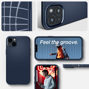 Spigen iPhone 14 Case – Liquid Air - Navy Blue - multiple angles and everyday use