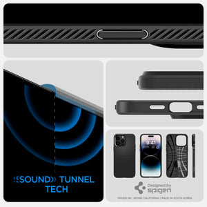 Spigen iPhone 14 Pro Case – Liquid Air - Matte Black - sound tunnel, button and compatible-accessory details