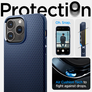 Spigen iPhone 14 Pro Case – Liquid Air - Navy Blue - raised edge and Air Cushion corner protection