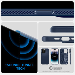 Spigen iPhone 14 Pro Case – Liquid Air - Navy Blue - sound tunnel, button and compatible-accessory details