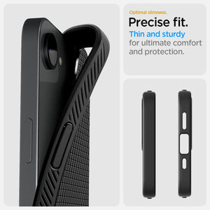 Spigen iPhone 17e and iPhone 16e Liquid Air case in Matte Black - precise fit and button detail