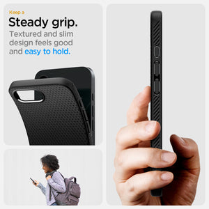 Spigen iPhone 17e and iPhone 16e Liquid Air case in Matte Black - steady grip and side profile feature