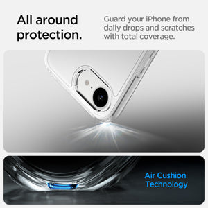 Spigen iPhone 17e and iPhone 16e Ultra Hybrid case in Crystal Clear - Air Cushion protection feature