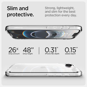 Spigen iPhone 17e and iPhone 16e Ultra Hybrid case in Crystal Clear - slim protection dimensions feature