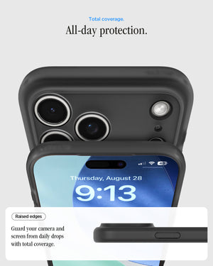 Spigen iPhone 17 Pro Ultra Hybrid Classic MagFit case in Classic Black - raised screen and camera edge protection