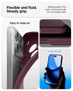 Spigen iPhone 18 Pro Liquid Air Dark Cherry – flexible TPU and side grip