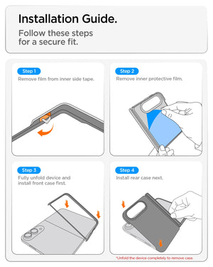 iPhone Duo Ultra Hybrid Pro S (Mag Fit) showing a four-step installation guide for removing protective films and securely installing the front and rear case