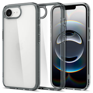 Spigen iPhone 17e and iPhone 16e Ultra Hybrid case in Space Crystal - front and rear view with phone