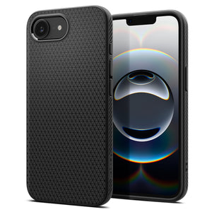 Spigen iPhone 17e and iPhone 16e Liquid Air case in Matte Black - front and rear view with phone