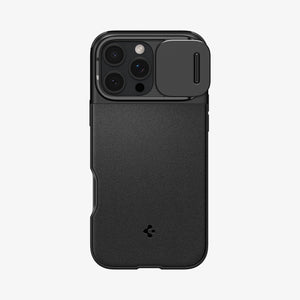 Spigen iPhone 16 Pro Case – Optik Armor MagFit in Black – rear view with the sliding camera cover closed