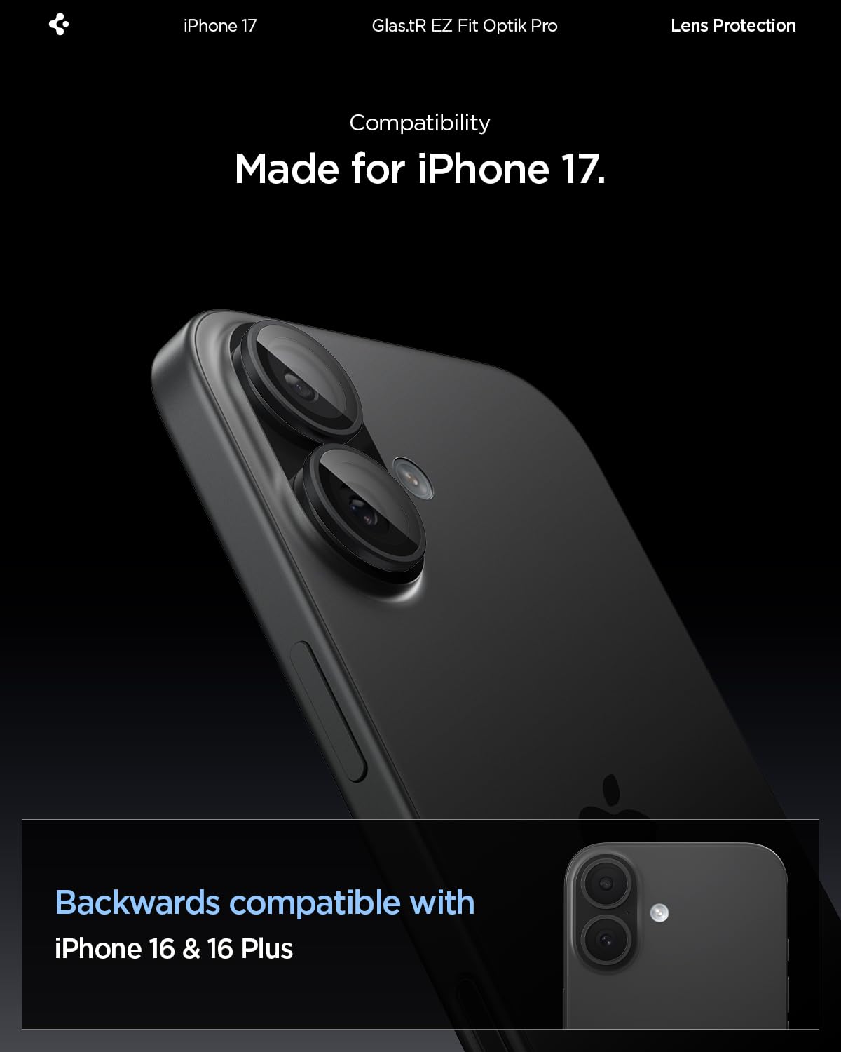 Spigen iPhone 17 / 16 Plus / 16 Camera Lens Protector GLAS.tR EZ Fit Optik Pro (2 Pack) - Black - image 2