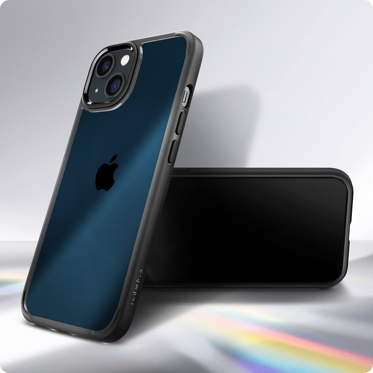 Spigen iPhone 13 Case Ultra Hybrid – Matte Black case in angled rear and landscape views