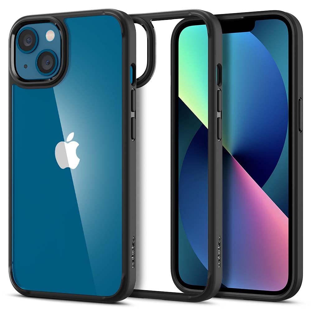 Spigen iPhone 13 Case Ultra Hybrid – Matte Black case in front, rear, and empty-case views