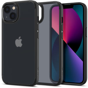 Spigen iPhone 13 Case Ultra Hybrid – Frost Black case in front, rear, and interior views