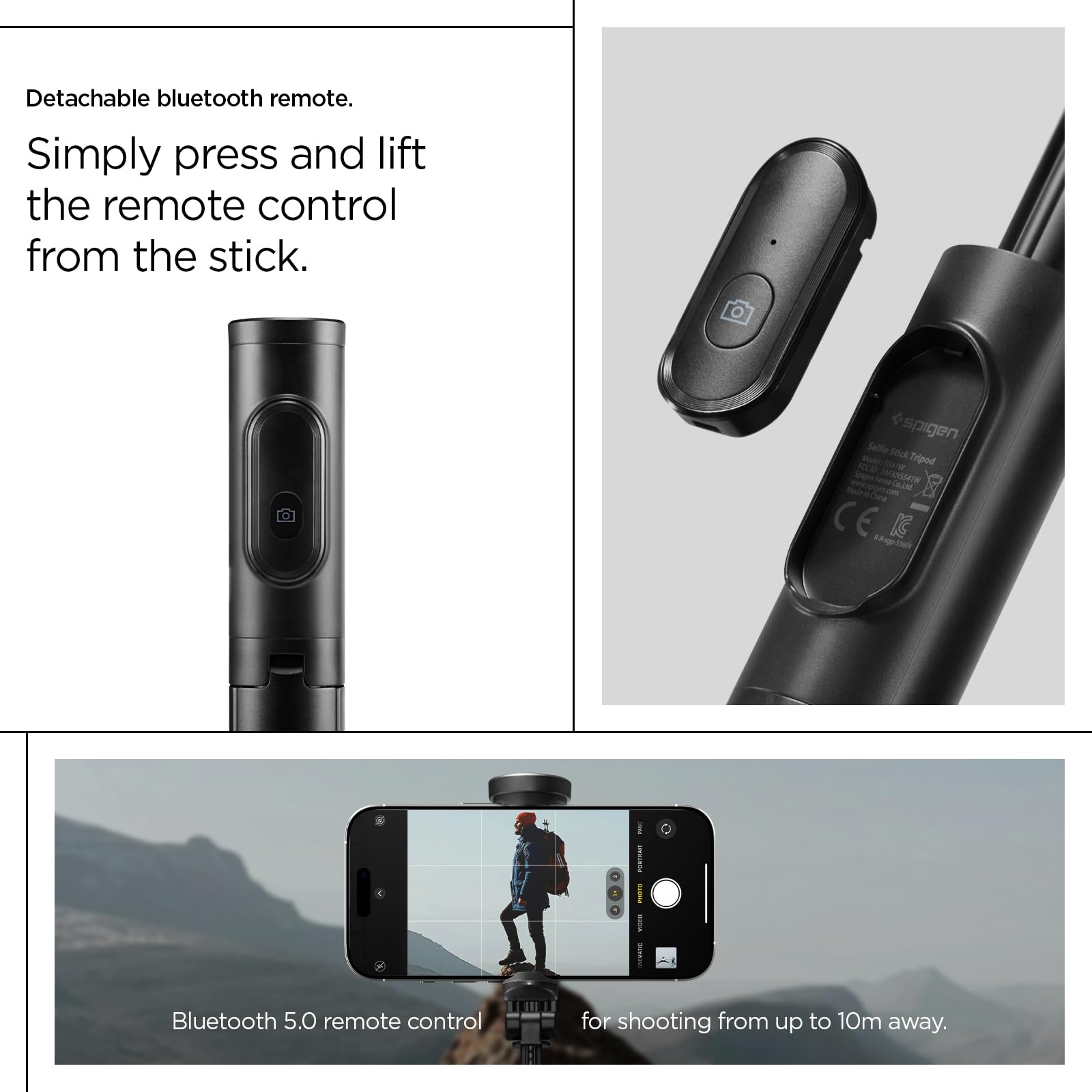 Spigen S541W Auto-Open Selfie Stick Tripod with Bluetooth Remote - Black - image 6