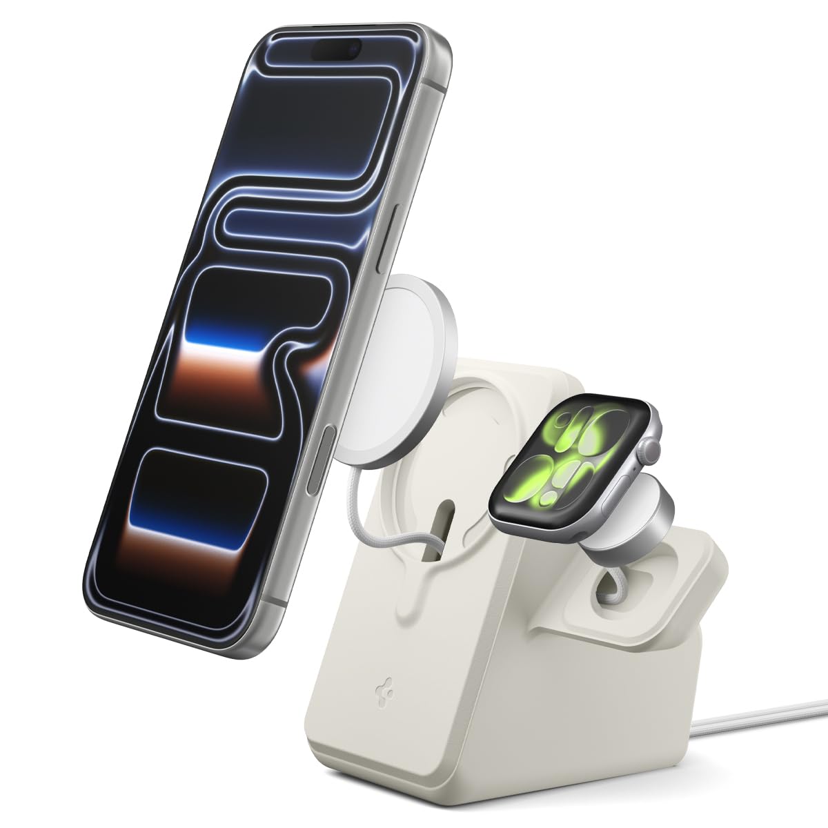 Spigen MagFit Duo MagSafe Charging Stand with Apple Watch Charger Holder - Dune Beige - image 1