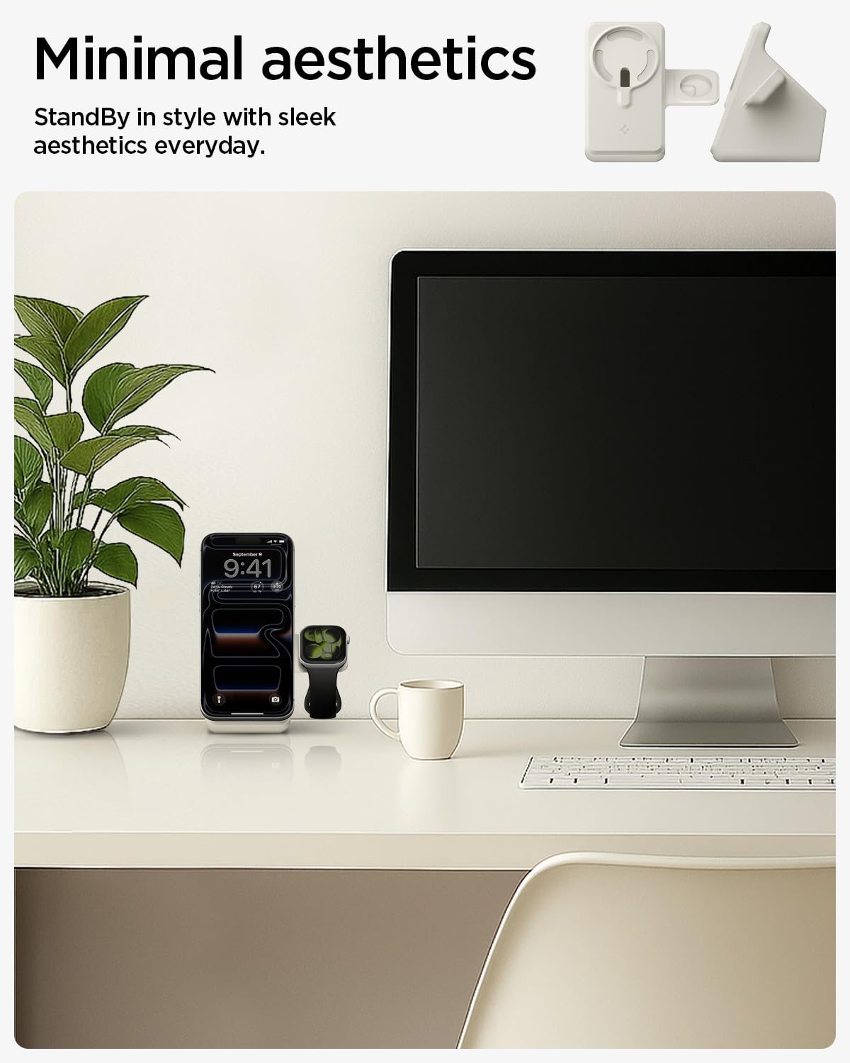 Spigen MagFit Duo MagSafe Charging Stand with Apple Watch Charger Holder - Dune Beige - image 3