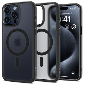 Spigen Ultra Hybrid (MagFit) case for iPhone 15 Pro Max in Frost Black – product image