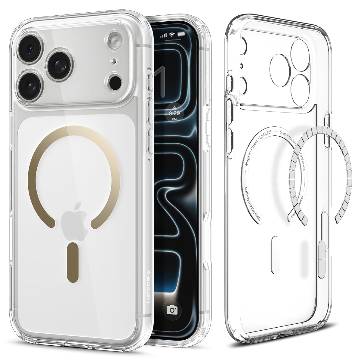 Spigen iPhone 17 Pro Ultra Hybrid MagFit case in Clear Gold - front and back product view