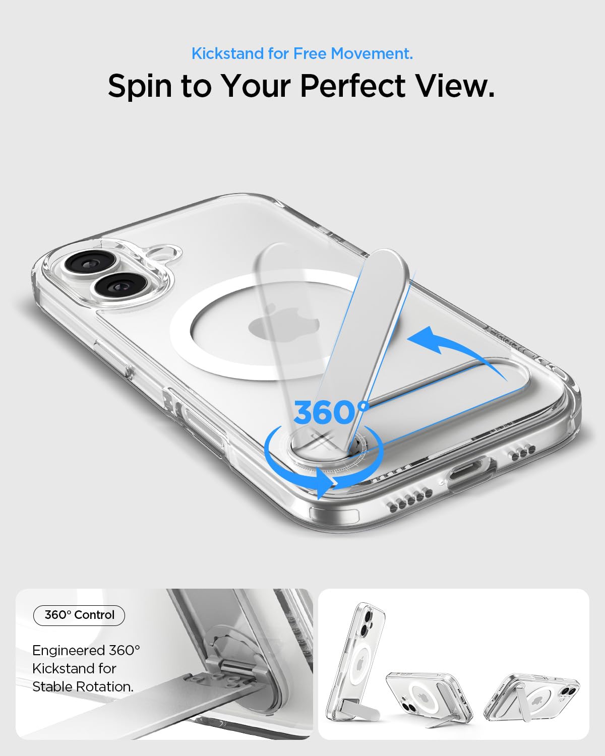 Spigen iPhone 17 Ultra Hybrid S MagFit case in Clear White - 360-degree rotating kickstand positions