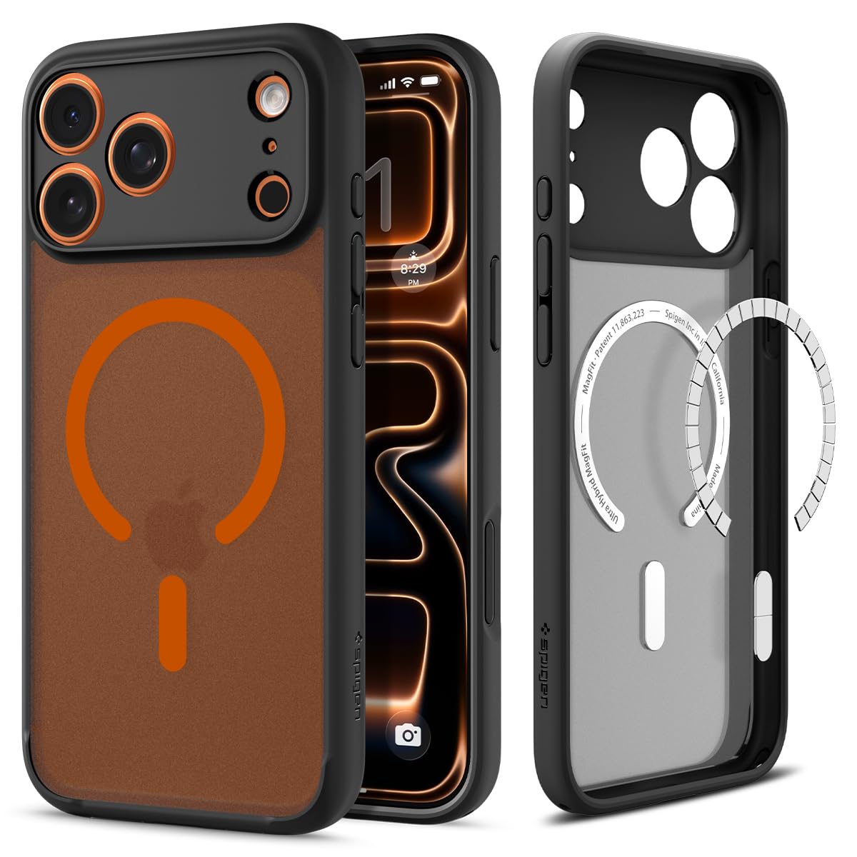 Spigen iPhone 17 Pro Ultra Hybrid MagFit case in Frost Black Orange - front and back product view