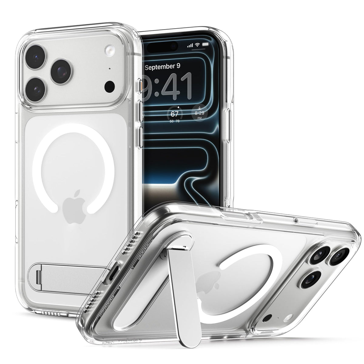 Spigen iPhone 17 Pro Max Ultra Hybrid S MagFit case in Clear White - front, back and kickstand views