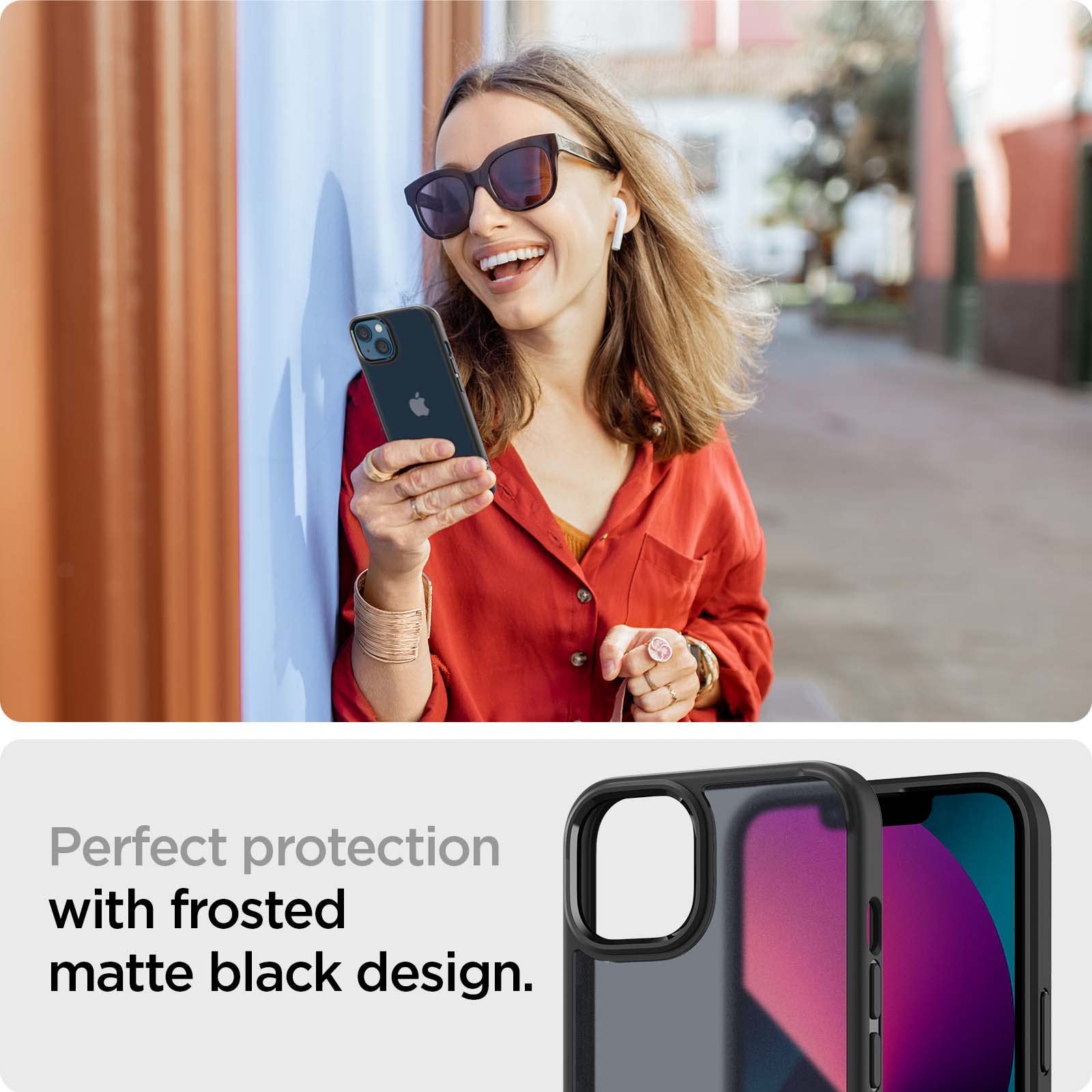 Spigen iPhone 13 Case Ultra Hybrid – Frost Black case in use with frosted matte design
