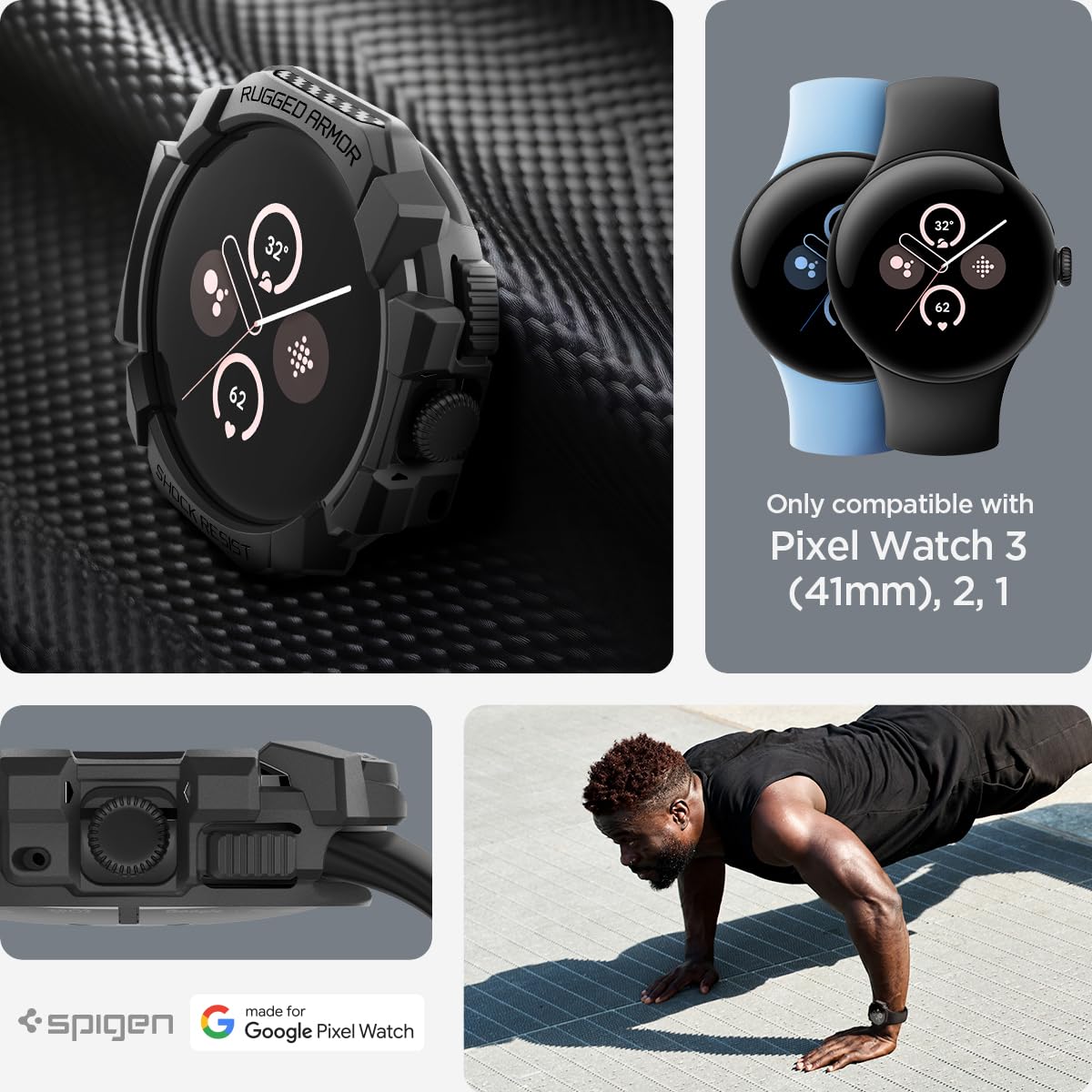 Spigen Pixel Watch 3 2 1 41mm Rugged Armor case - Matte Black - image 2