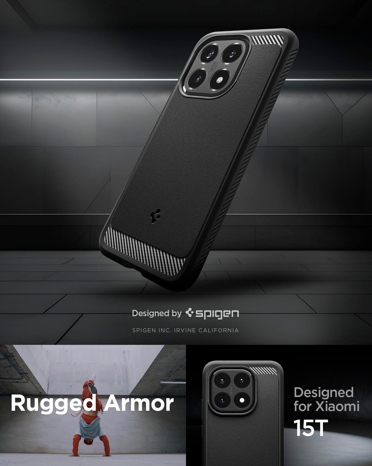 Spigen Xiaomi 15T Case – Rugged Armor matte black back and side profile