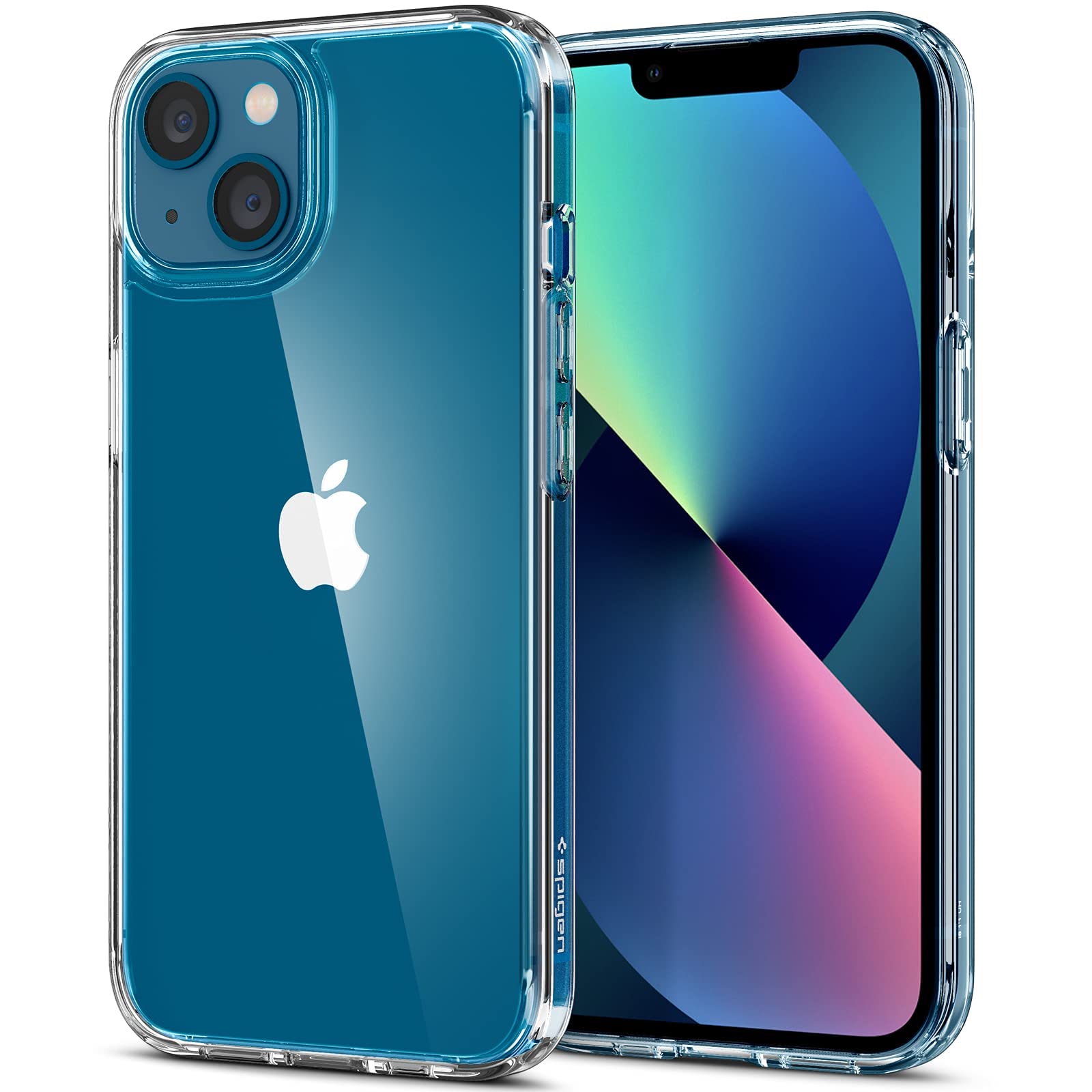 Spigen iPhone 13 Case Ultra Hybrid – Crystal Clear case in front and rear views