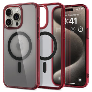 Spigen Ultra Hybrid (MagFit) case for iPhone 15 Pro Max in Deep Red – product image