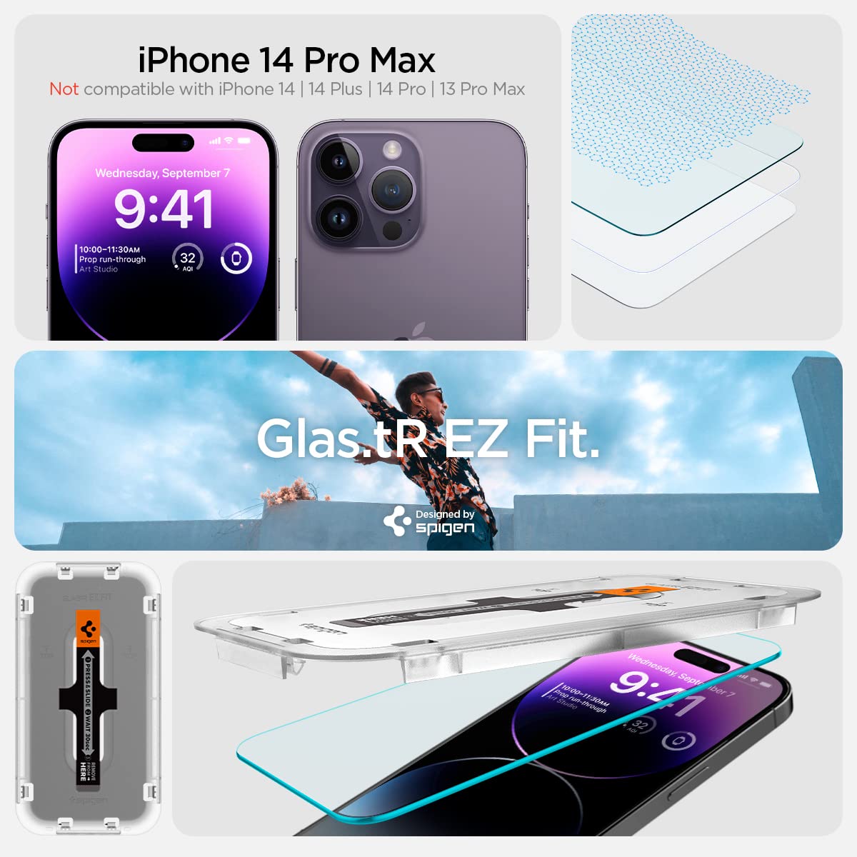Spigen iPhone 14 Pro Max Screen Protector – GLAS.tR EZ Fit | Sensor Protected - iPhone 14 Pro Max compatibility and two-pack contents