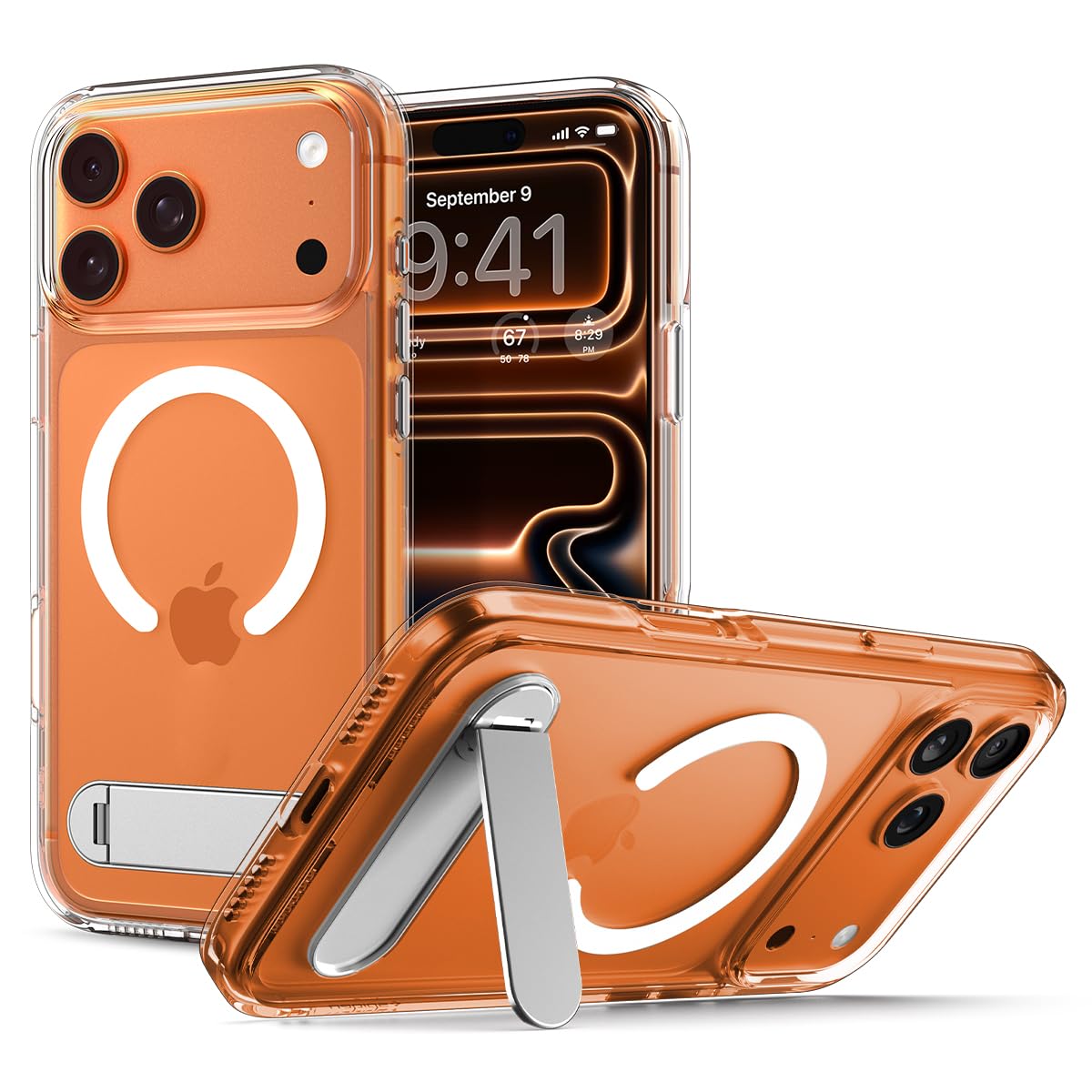 Spigen iPhone 17 Pro Ultra Hybrid S MagFit case in Clear White - front, back and kickstand views