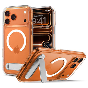 Spigen iPhone 17 Pro Ultra Hybrid S MagFit case in Clear White - front, back and kickstand views