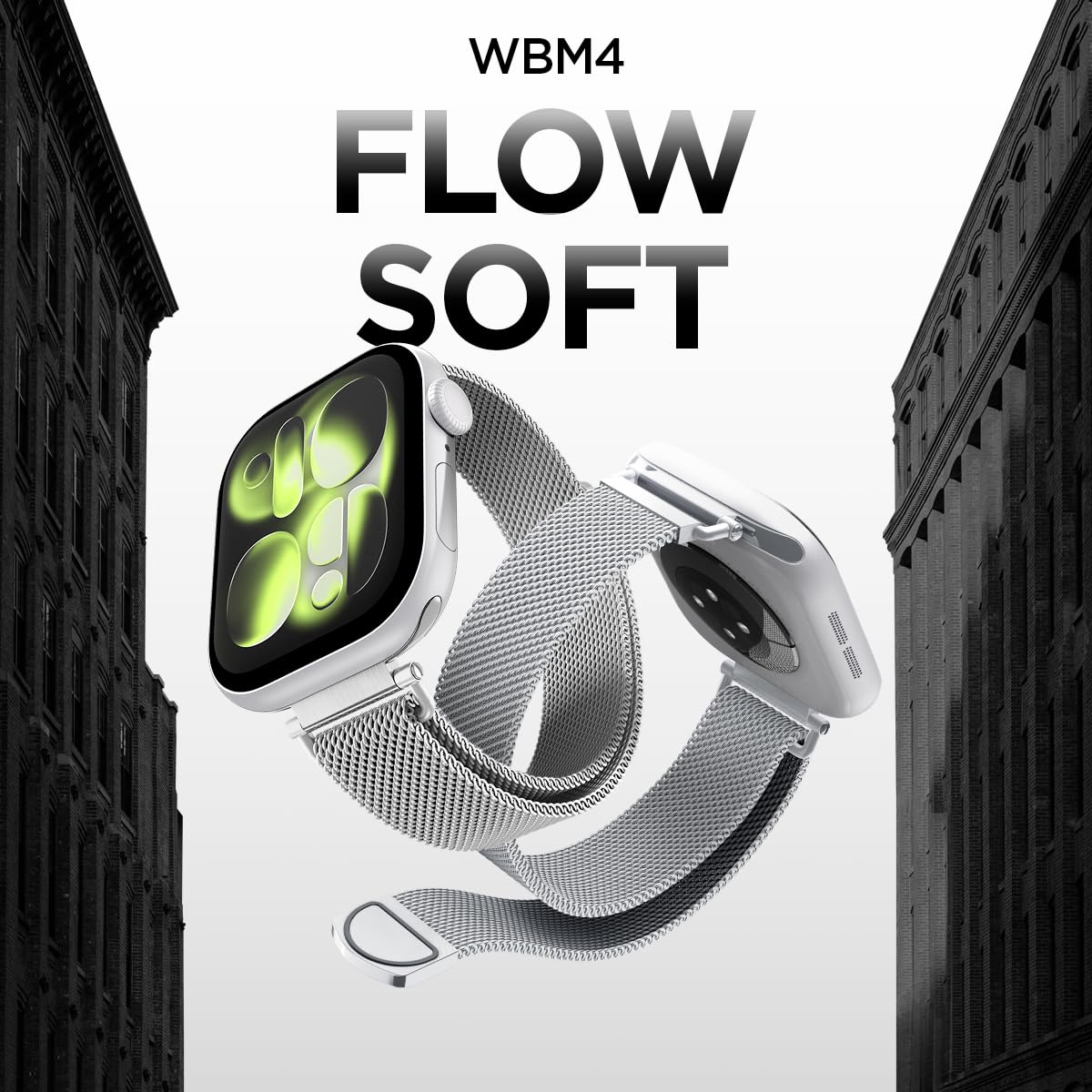Silver stainless steel mesh design of Spigen WBM4 Apple Watch band